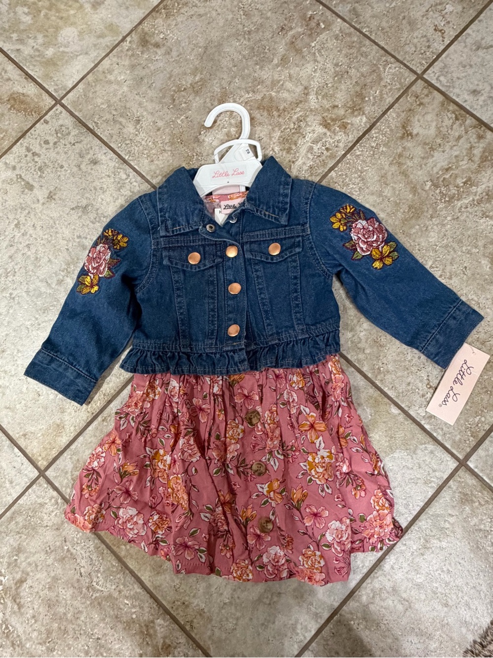 Little Lass Dark Blue Denim Jacket with Pink Floral Dress